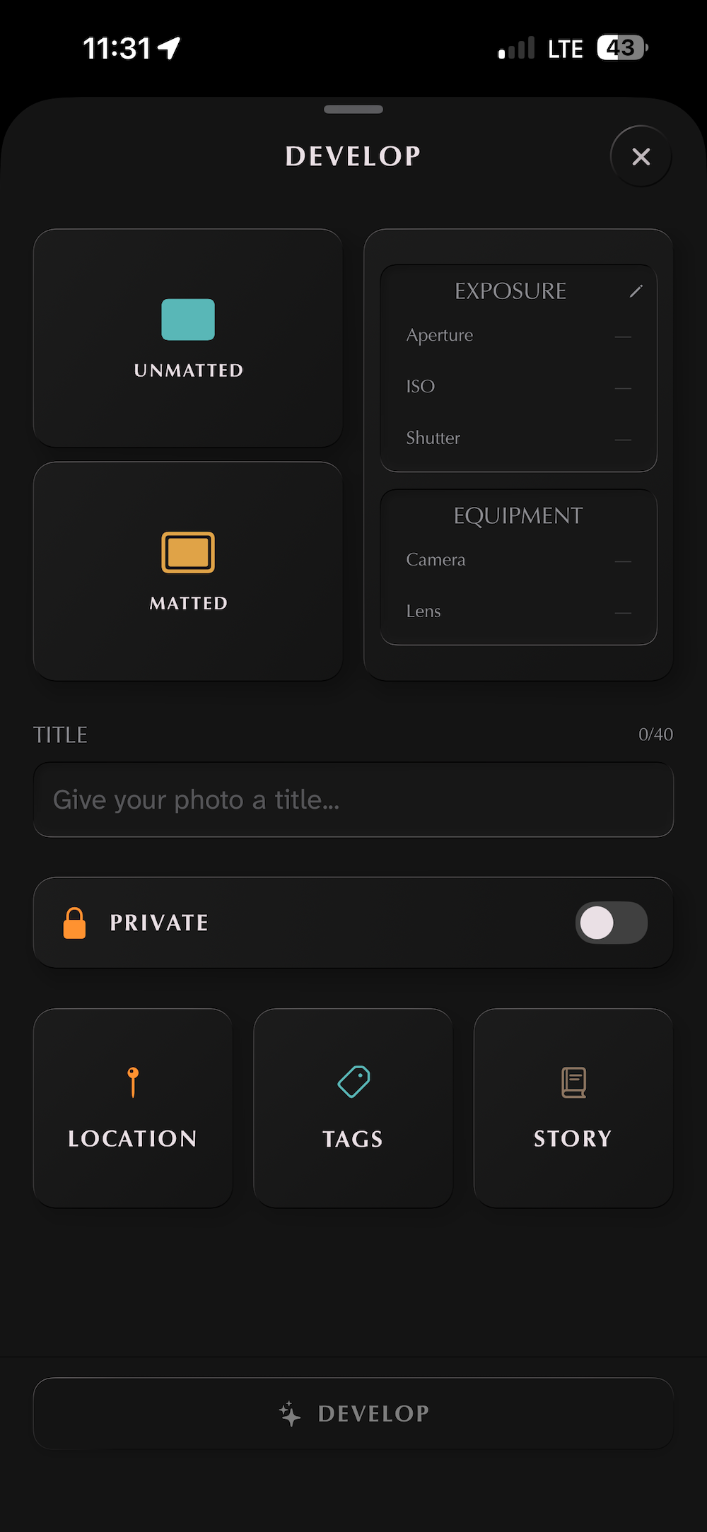 The develop screen during upload