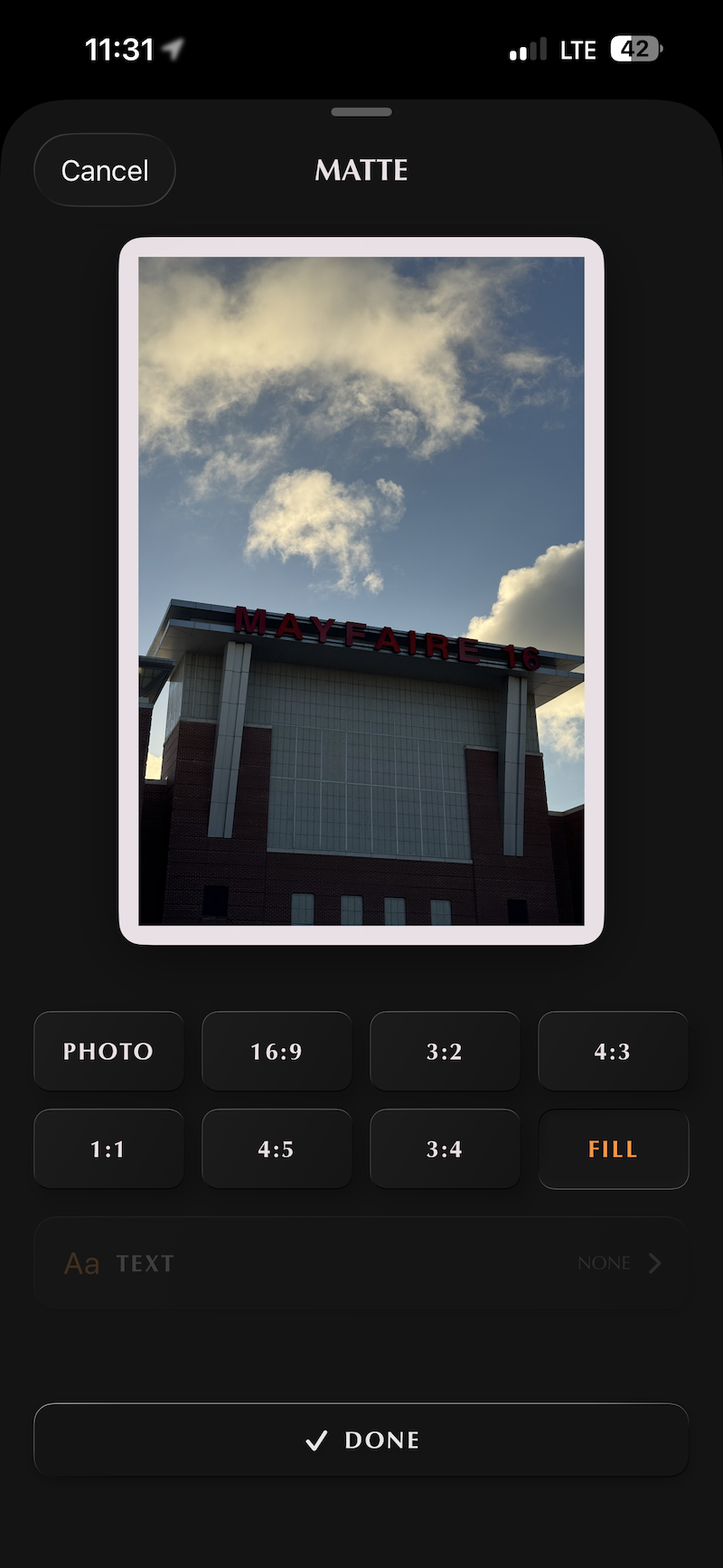 Choosing a matte ratio for the photograph