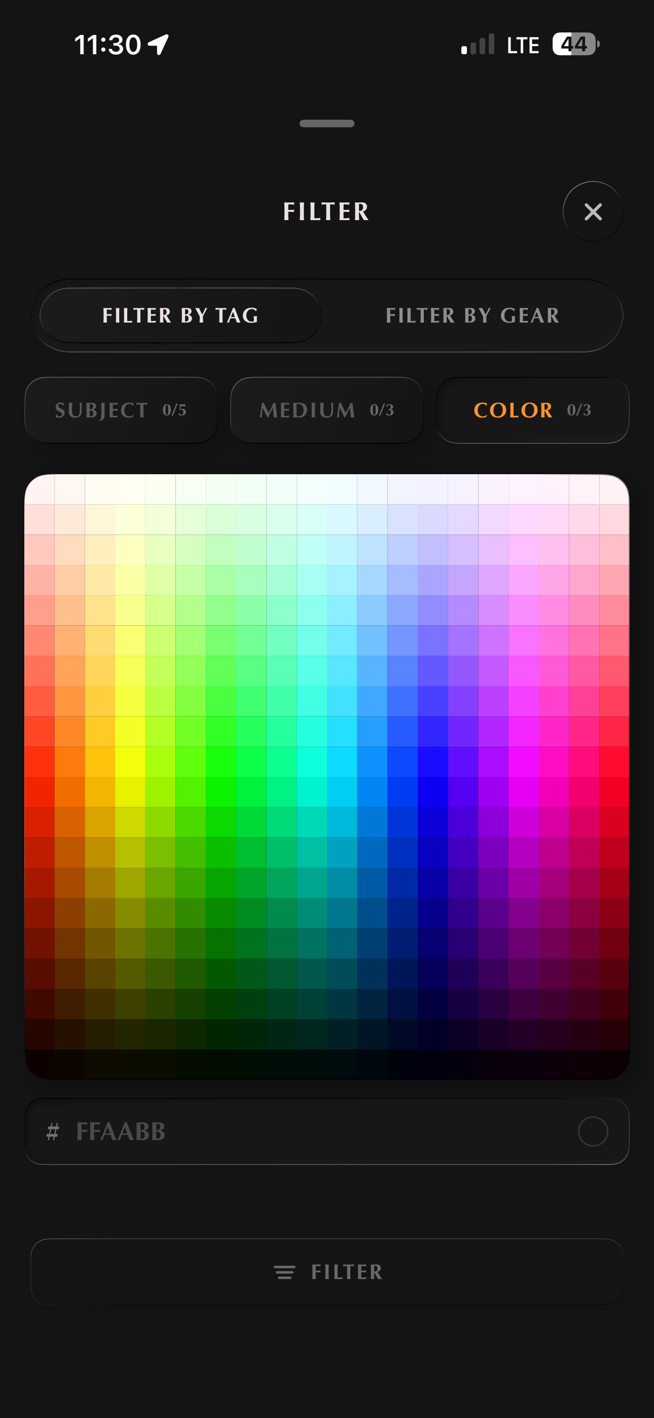 Filtering by color on a hue grid