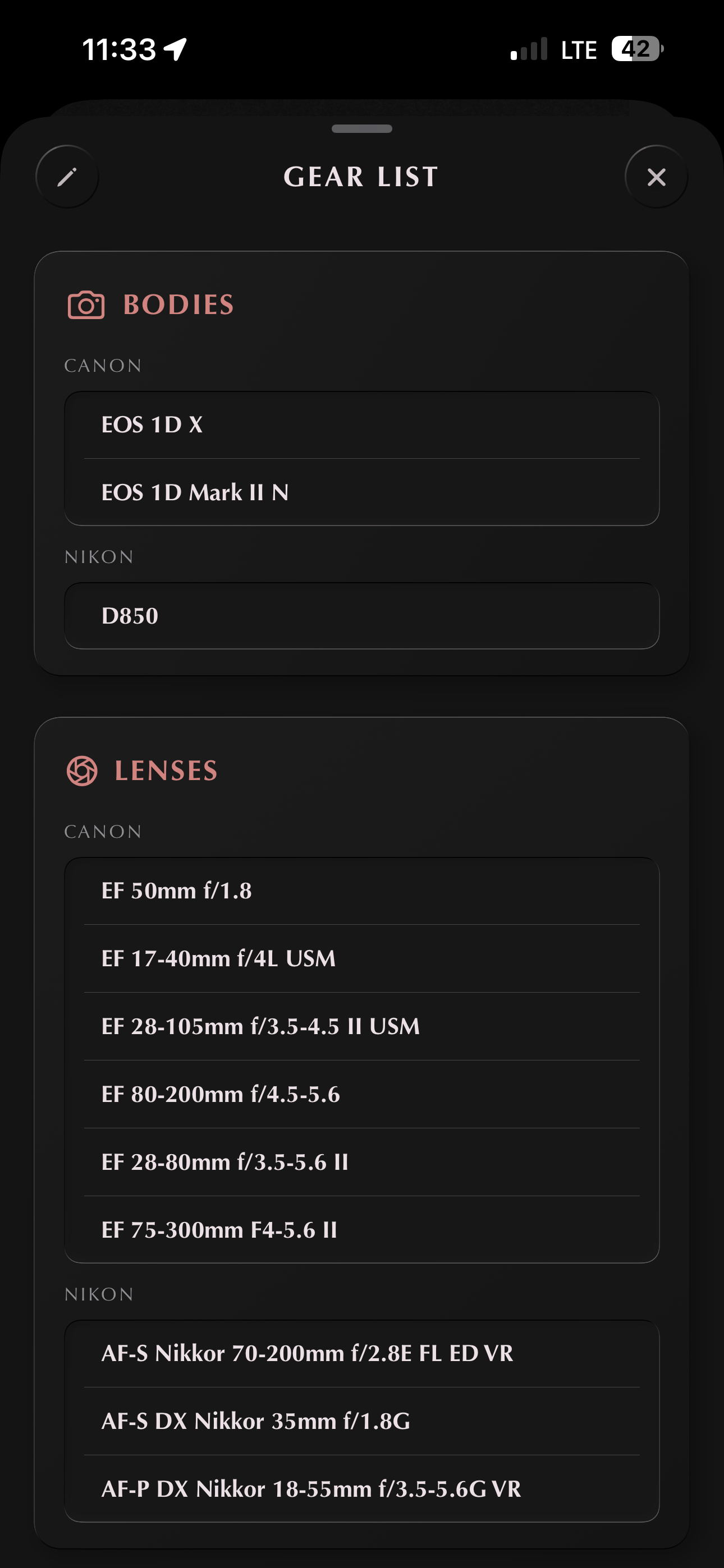 Gear list on a profile